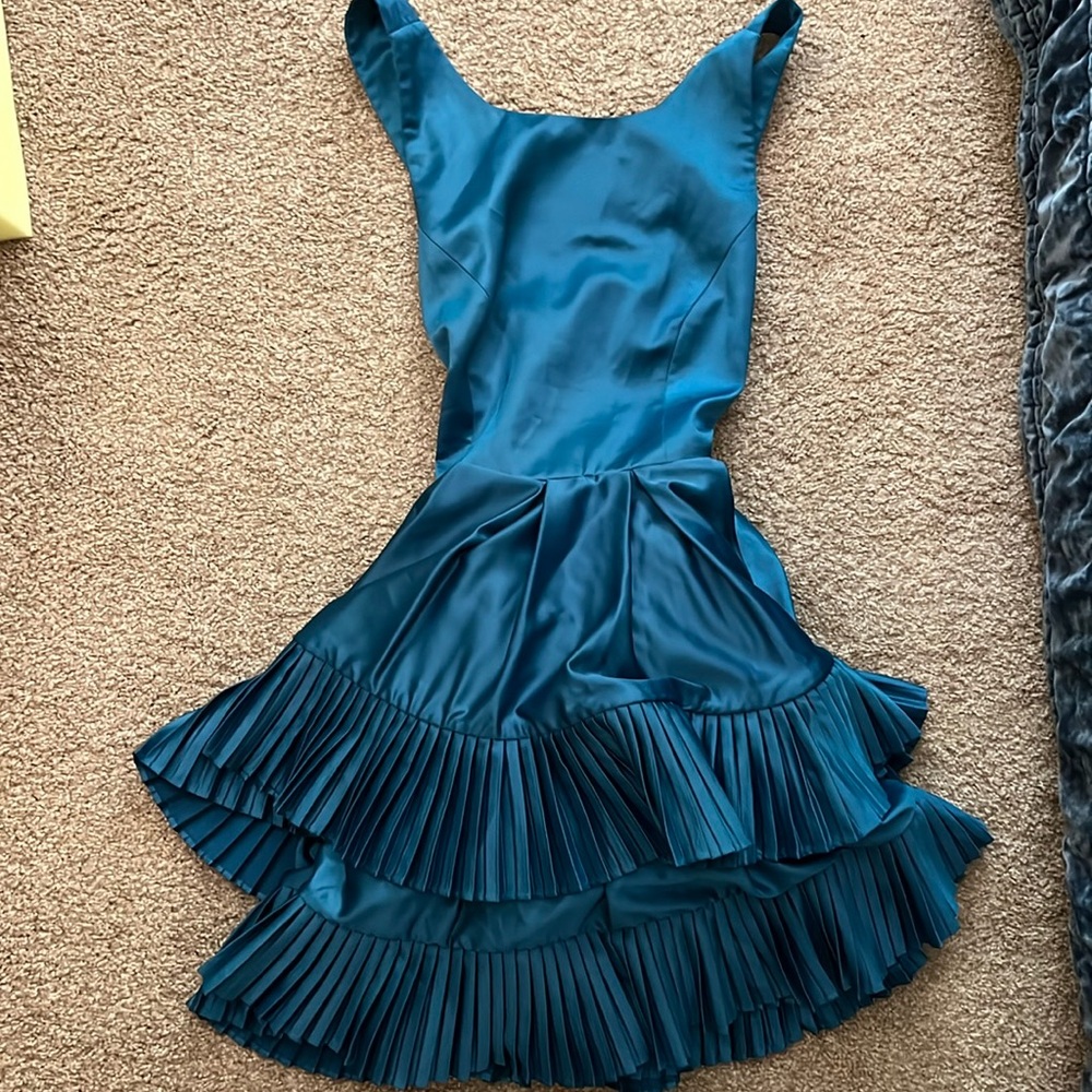 NWT Akira Ammo Carriage Ride in Paris Flounce Teal Blue Satin Cocktail Dress L